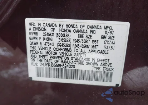 2008 Honda Ridgeline Rtl z USA, uszkodzony, nr VIN 2HJYK16558H524320